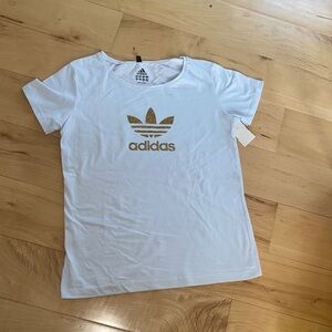 Adidas Tee in White with Gold Trefoil
